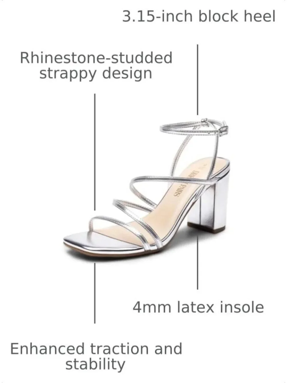 Dream Pairs Women's Silver Pu Open Toe Sleek Straps Chunky Block Heel Sandals